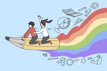 Children enjoying drawing and painting concept. Two friends kids boy and girl sitting on pencil with rainbow shadow flying over sky vector illustration