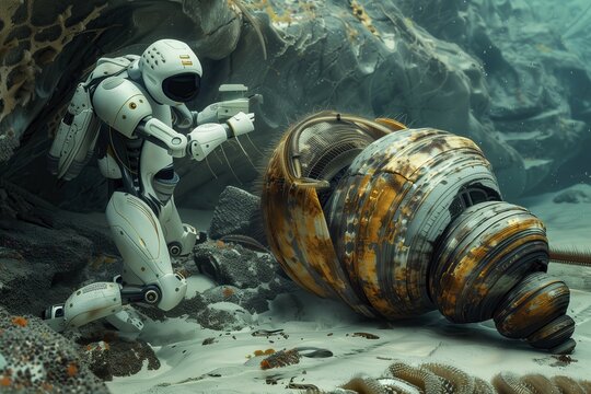 Robot collecting samples of giant mussels and tubeworms in the deep sea, AI generated