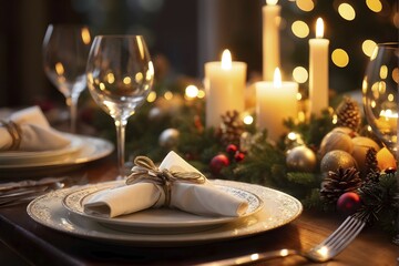 Close up of Christmas dinner table with traditional festive foods and ambient candlelight, AI generated