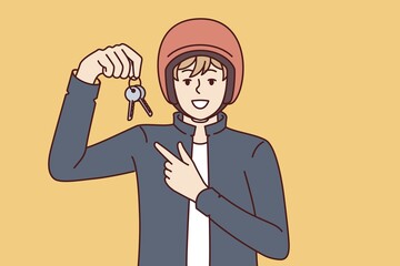 Man in biker helmet shows keys for motorcycle or scooter designed for work as courier in delivery service. Lucky guy in hardhat invites you to ride scooter to quickly get to office or university