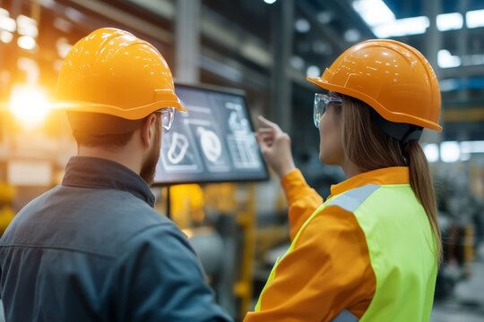 Two workers in orange safety gear review safety protocols on a digital screen in a busy manufacturing facility. The atmosphere is focused on teamwork and compliance