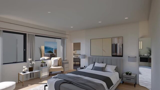 Well appointed contemporary hotel bedroom with a plush bed and large windows offering bright outdoor scenery for booking sites.