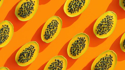 Vibrant Papaya Halves with Black Seeds Arranged in a Pattern on an Orange Background, Creating a Fresh and Tropical Aesthetic for Culinary and Healthy Lifestyle Imagery
