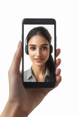 a hand holding a smartphone. modern indian female call centre staff member wearing a small headset is shown in the smartphone screen.