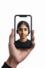 a hand holding a smartphone. modern indian female call centre staff member wearing a small headset is shown in the smartphone screen.