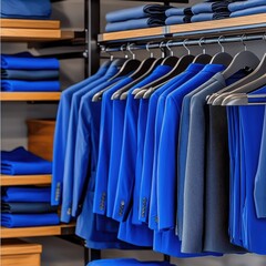 Obraz premium A collection of neatly arranged blue suits in a clothing store.