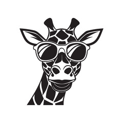 giraffe head wearing  sunglasses silhouette, black and white silhouette, vector and illustration