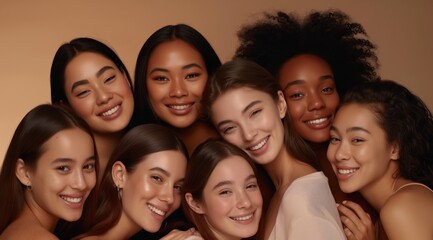 Obraz premium A diverse group of happy women with different skin tones smiling in unity, representing empowerment, diversity, and equality. They exude beauty, confidence, and harmony in their friendship