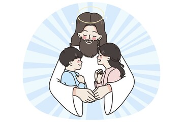 Jesus Christ hug cuddle small kids give love and care. Attentive father lord embrace little children share good emotions and help. Faith and religion concept. Flat vector illustration