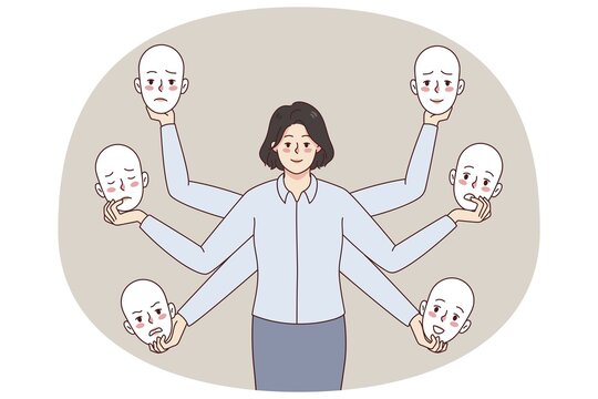 Businesswoman holding different masks choose moods and emotions in office. Woman feel emotional. Liar or bipolar disorder. Flat vector illustration