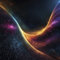 Naklejka premium A vibrant wave of blue, orange, and purple particles in a cosmic-like setting on a dark background, creating a glowing effect, AI generated