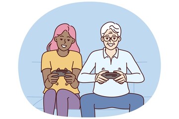 Diverse man and woman with joysticks are sitting on sofa playing game fighting virtual characters. Elderly human and African American girl play multiplayer console game spending weekend together
