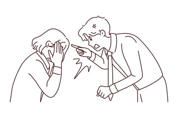 Furious businessman scolding stressed female employee at workplace. Angry male boss lecture scream at unhappy distressed woman worker. Vector illustration