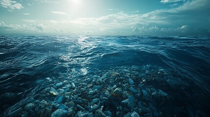 Polluted sea with plastic debris floating on the surface, symbolizing global pollution and the urgent need for ocean conservation and cleanup efforts.