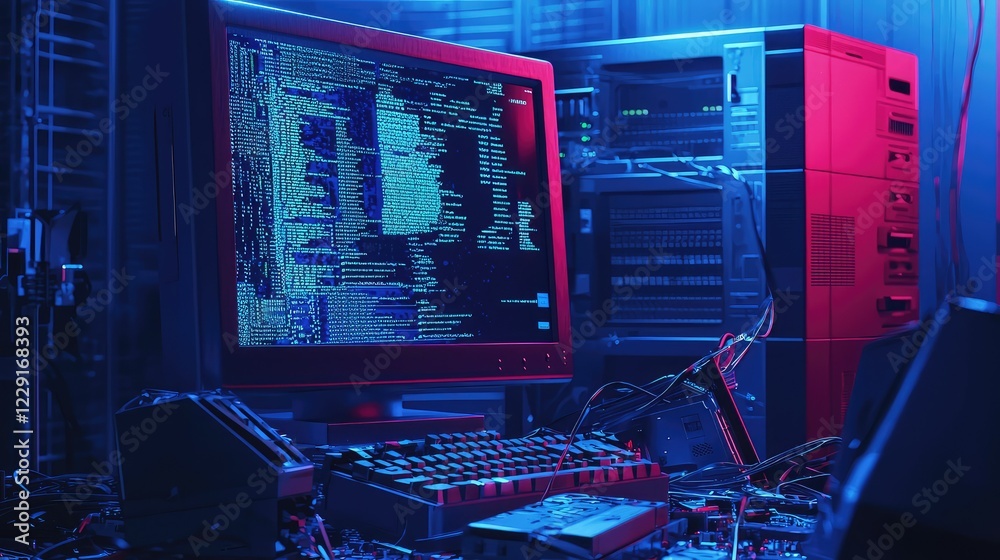 Poster neon computer setup with cables and code in dark environment