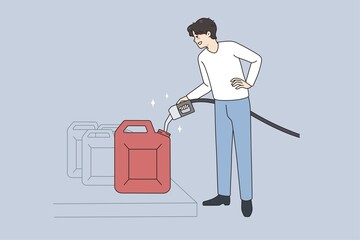 Male driver with pistol hoard petrol in can at gas station. Smiling man buy petroleum collect liquid in canister. Flat illustration, cartoon character © Elada Vasilyeva/imageBROKER