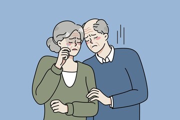 Unhappy elderly man and woman cuddle feel sad and lonely on maturity. Upset lonely mature couple crying mourning or grieving. Senior grandparents in despair. illustration