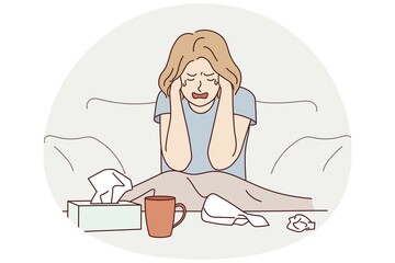 Unhappy young woman sit on couch at home crying suffering from depression or life problems. Sad girl feel down distressed alone. Breakup and mental trouble. Vector illustration