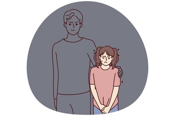 Unhappy little girl standing near man figure ghost feeling mad and furious. Sad small child cry suffer from domestic violence. Vector illustration