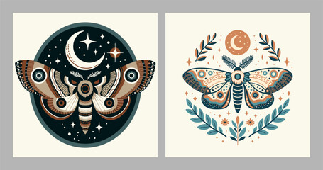 Vector Illustration of Moths with Moon and Stars in Earth Tones and Teal - Suitable for Wall Art, Stationery, and Textile Design
