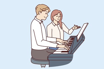 Man learns to play piano with woman teacher who tutors and gives private lessons. Future musician plays piano to become professional composer or perform at concerts in front of audience