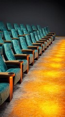 Obraz premium A row of empty, vibrant teal movie theater seats illuminated softly.
