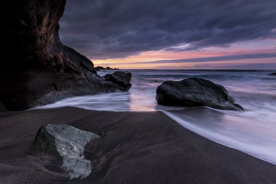 Beach Playa de Almaciga, rocky coast, sunset, Tenerife, Canary Islands, Spain, Europe