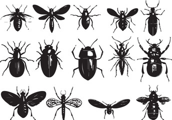 A set of insects silhouettes for flat design. Hand drawn vector illustration