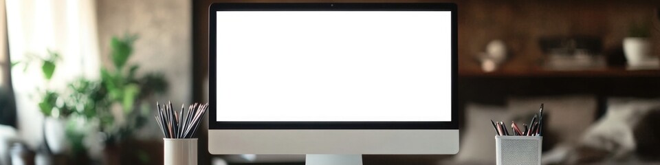 A computer monitor sits atop a desk, ready for use