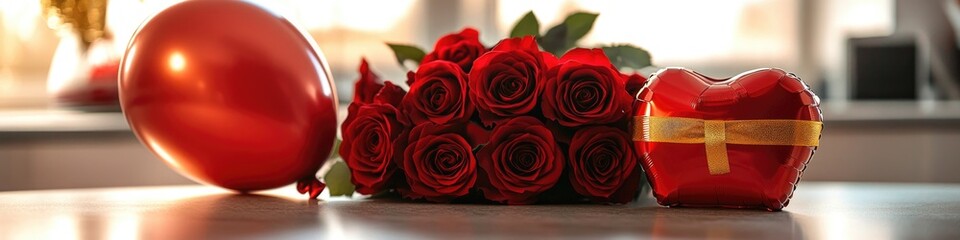 Obraz premium A bouquet of roses and a heart-shaped balloon, perfect for romantic occasions