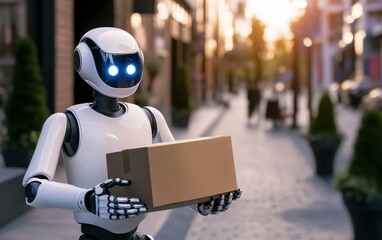 Futuristic delivery robot carrying a package on a city street during sunset, people walking in background