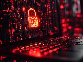 glowing padlock symbol on laptop screen represents cybersecurity, surrounded by digital matrix of red data. This evokes sense of security and vigilance in digital world