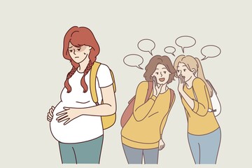 Pregnant teenage woman, victim of bullying, stands near judgmental classmates with backpacks. Pregnant schoolgirl needs help from child psychologist or switching to home schooling