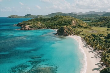 Obraz premium Serene Tropical Beach with Turquoise Water and Lush Green Hills
