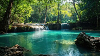 Fototapeta premium Serene Waterfall Cascading into a Lush Green Forest Pool