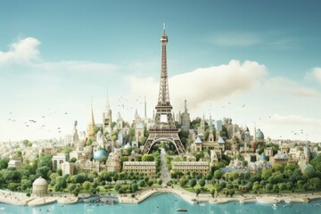 Photo collage, tourism in a cosmopolitan city, Paris, Eiffel Tower, illustration, AI generated