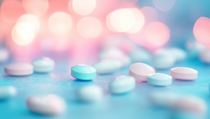 A close-up of various pills and tablets scattered on the table, set against an out-of-focus background with shades of blue to pink