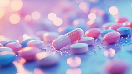 A close-up of various pills and tablets scattered on the table, set against an out-of-focus background with shades of blue to pink