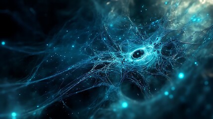 Abstract glowing blue network, intricate web-like structure with light particles.