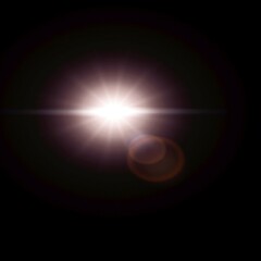 Sun flare, lens flare effect isolated on black background. Can be added to photos by overlaying in screen mode