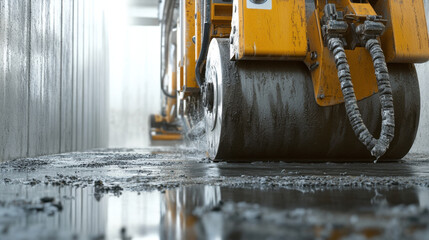 Concrete pouring machine working on construction site, creating smooth surface. machinery is essential for efficient concrete application and finishing