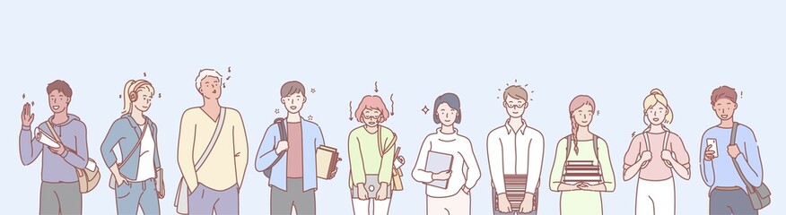 College or university leisure set concept. Ilustration of students boys and girls studying in college. Collection of students, young men and women spending their leisure time in school