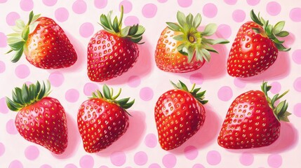 Juicy strawberries arranged in a dotted pattern over a pink pastel surface, cheerful and stylish