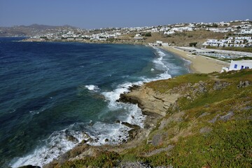 Bay, beach at Chora or Mykonos Town, Mykonos, Cyclades, Greece, Europe