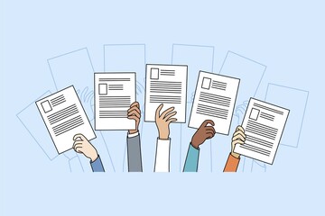 Diverse people hands raise up holding resume or CV offer candidacy at open position. Applicants or candidate apply for job. Employment and competition. Hiring and hr. illustration