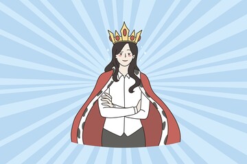 Businesswoman in crown and robe feel successful confident at work. Woman boss or CEO show power leadership. Business queen. Professional achievements, goal achievement. Flat vector illustration