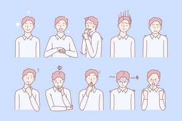 Boys emotions and facial expressions set concept. Illustration or collection showing different emotions of boy. Child demonstrates of positive and negative facial expressions. Simple flat vector