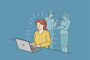 Happy young woman sit at desk work on computer distracted form colleagues talking in background. Smiling motivated female employee busy at laptop ignore social sounds. illustration