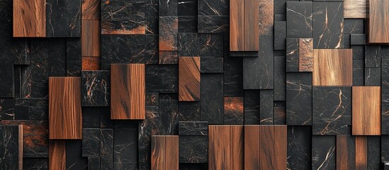 3D abstract wood and black marble cubes background.