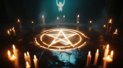 Mystical Pentagram Surrounded by Lit Candles in Dark Atmosphere